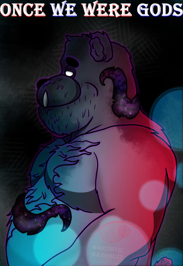 The image displays a bipedal anthropomorphic bear named the Barghest. The Barghest stands against a dark and foggy background, with bubbles floating next to him. A tentacle is wrapped around his belly, with another on his head.